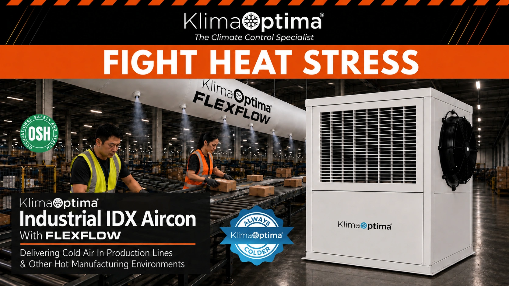 Industrial IDX Aircon with FlexFlow, delivering cold air in production lines and hot manufacturing environments