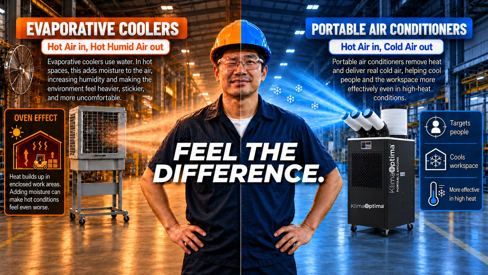 Feel the difference, evaporative coolers add hot humid air while portable air conditioners deliver real cold air